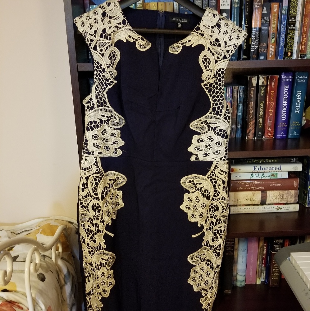 Navy Blue Sheath Dress with Lace Appliques